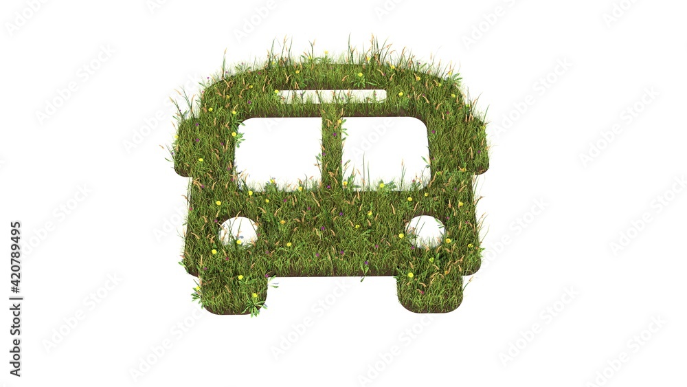 Poster 3d rendered grass field of symbol of bus isolated on white background