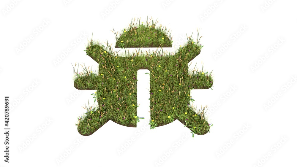 Poster 3d rendered grass field of symbol of bug isolated on white background