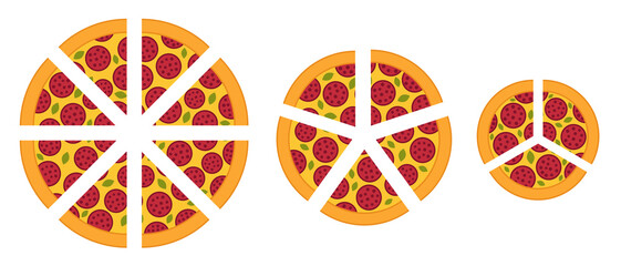 Slices of pizza of different sizes. Diagram infographics set. Cut into pieces. Vector illustration. Fast food.