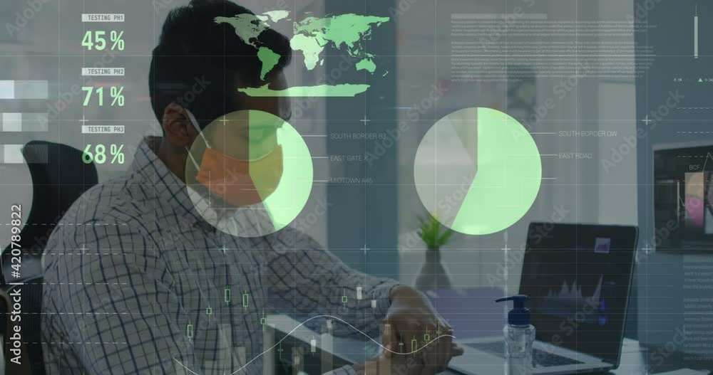 Poster statistical data processing against man wearing face mask sanitizing his hands at office