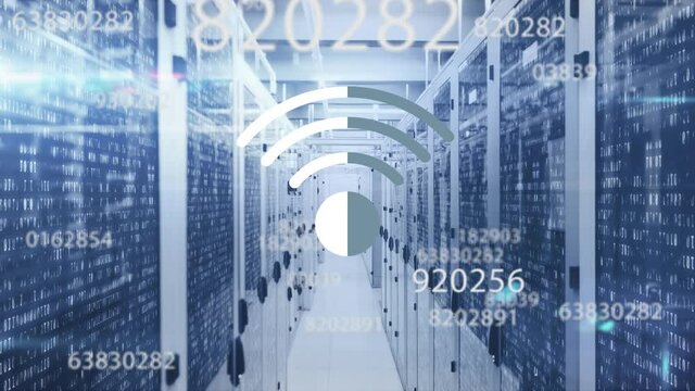 Multiple changing numbers and wifi symbol floating against empty computer server room