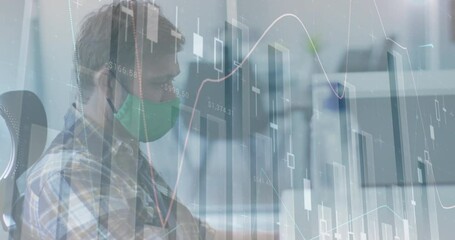 Animation of financial data processing over man in office wearing face mask - Powered by Adobe