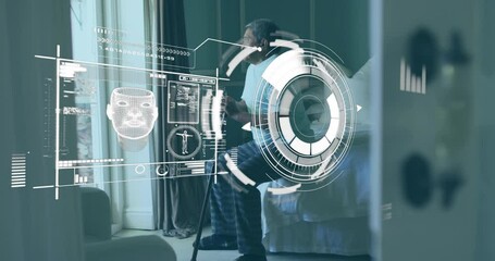Digital interface with medical data processing against senior man with walking stick sitting on bed - Powered by Adobe