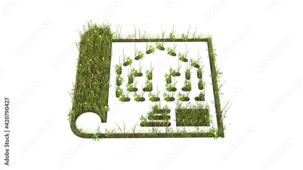Poster 3d rendered grass field of symbol of blueprint isolated on white background