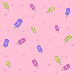 Pink vector background with purple, yellow and pink ice-cream and little pink stars.