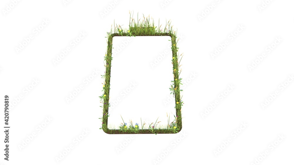 Poster 3d rendered grass field of vertical symbol of empty battery isolated on white background