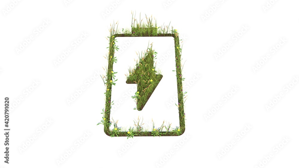 Poster 3d rendered grass field of vertical symbol of charging empty battery isolated on white background