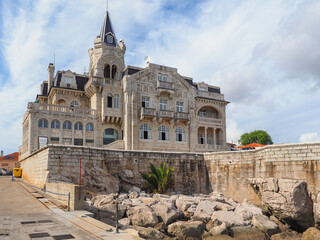 Beautiful palace or original Palácio Seixas, one of the most emblematic and glamour buildings in Cascais. Viewed from Cascais marina Cais dos Pescadores. In nowadays, meeting area for Marine officials © LifeCollectionPhoto