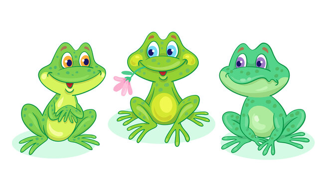 Three funny green frogs are sitting. In cartoon style. Isolated on white background. Vector illustration.