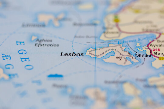 03-16-2021 Portsmouth, Hampshire, UK Lesbos Shown on a geography map or road map
