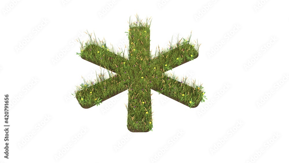 Poster 3d rendered grass field of symbol of asterisk isolated on white background