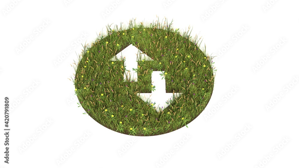 Poster 3d rendered grass field of symbol of up and down arrows isolated on white background