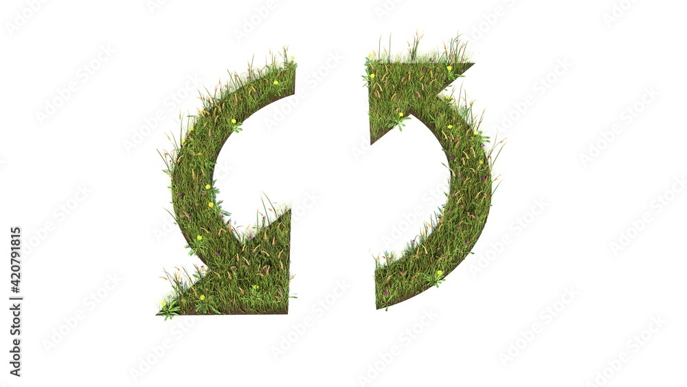 Poster 3d rendered grass field of symbol of double refresh arrow isolated on white background