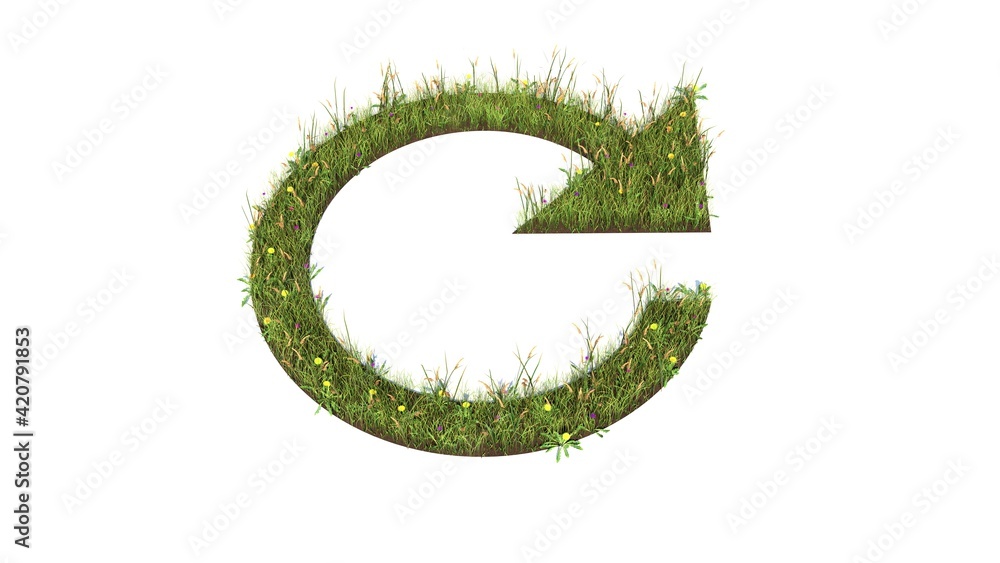 Poster 3d rendered grass field of symbol of refresh arrow isolated on white background