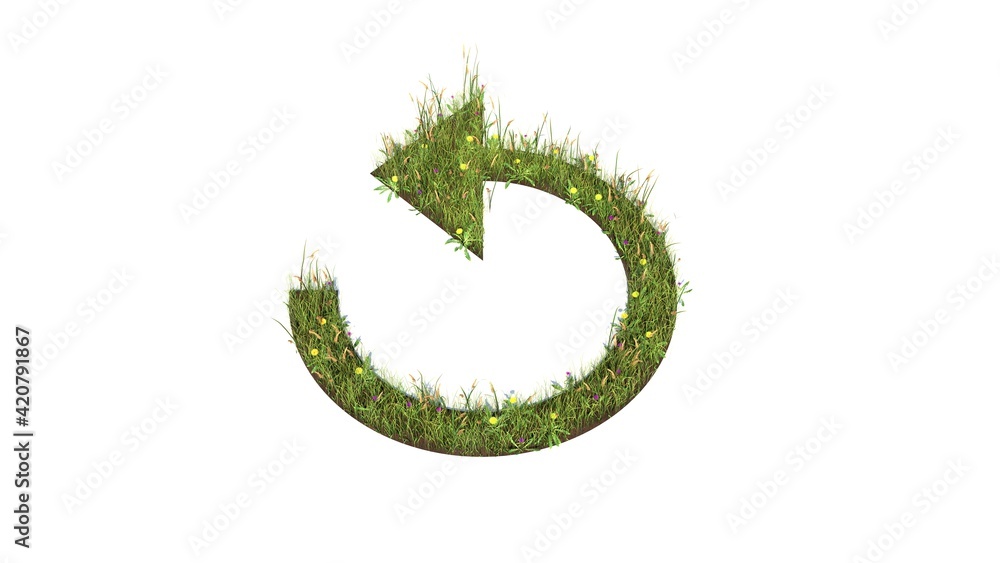 Poster 3d rendered grass field of symbol of refresh arrow isolated on white background