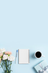 Design concept of Mother's Day greeting with carnation flower and holiday gift idea.