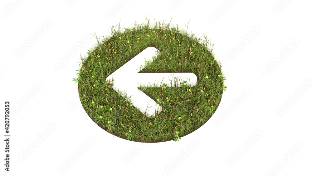 Poster 3d rendered grass field of symbol of left arrow in circle isolated on white background