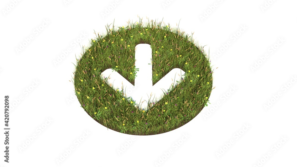 Poster 3d rendered grass field of symbol of down arrow in circle isolated on white background