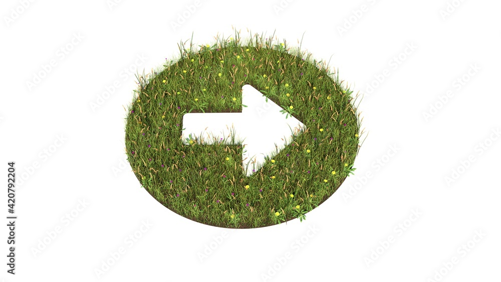 Poster 3d rendered grass field of symbol of right arrow in circle isolated on white background