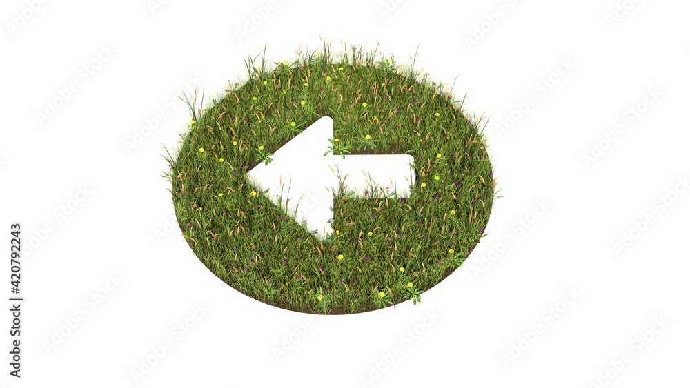 Poster 3d rendered grass field of symbol of left arrow in circle isolated on white background
