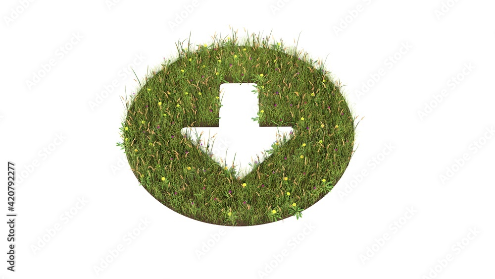 Poster 3d rendered grass field of symbol of down arrow in circle isolated on white background