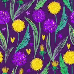 Seamless pattern with bright dandelions and wild onions on a dark purple background