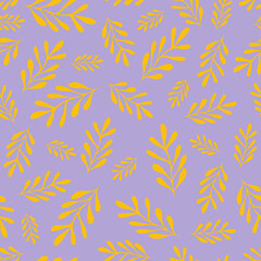 Random placed branches leaves vector elements as seamless pattern with lilack background.