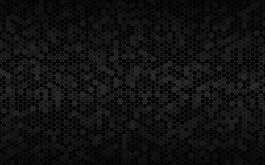 Dark widesreen background with hexagons with different transparencies. Modern black geometric design. Simple vector illustration
