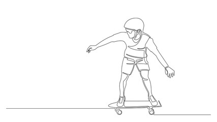 One continuous single drawn line man playing skateboard.