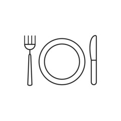 Dish, fork, knife line icon, outline vector sign, linear style pictogram isolated on white. Food symbol, logo illustration. Editable stroke.