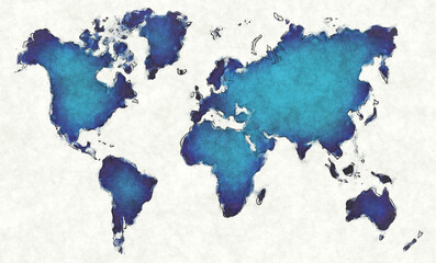 World map with drawn lines and blue watercolor illustration