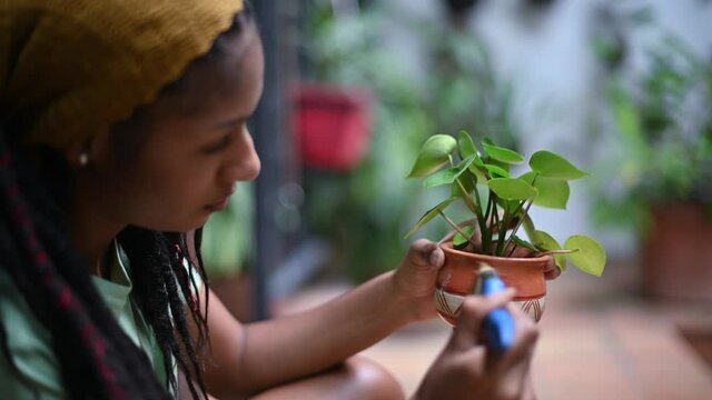 Young black woman varnishes flowerpot after gardening