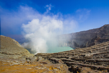 Ijen Crater landscape from the crater in the Banyuwangi Regency of East Java, Indonesia 