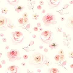 Delicate floral pattern with roses and abstract small flowers on beige background. Watercolor seamless illustration for textile, wallpapers or wrapping paper.