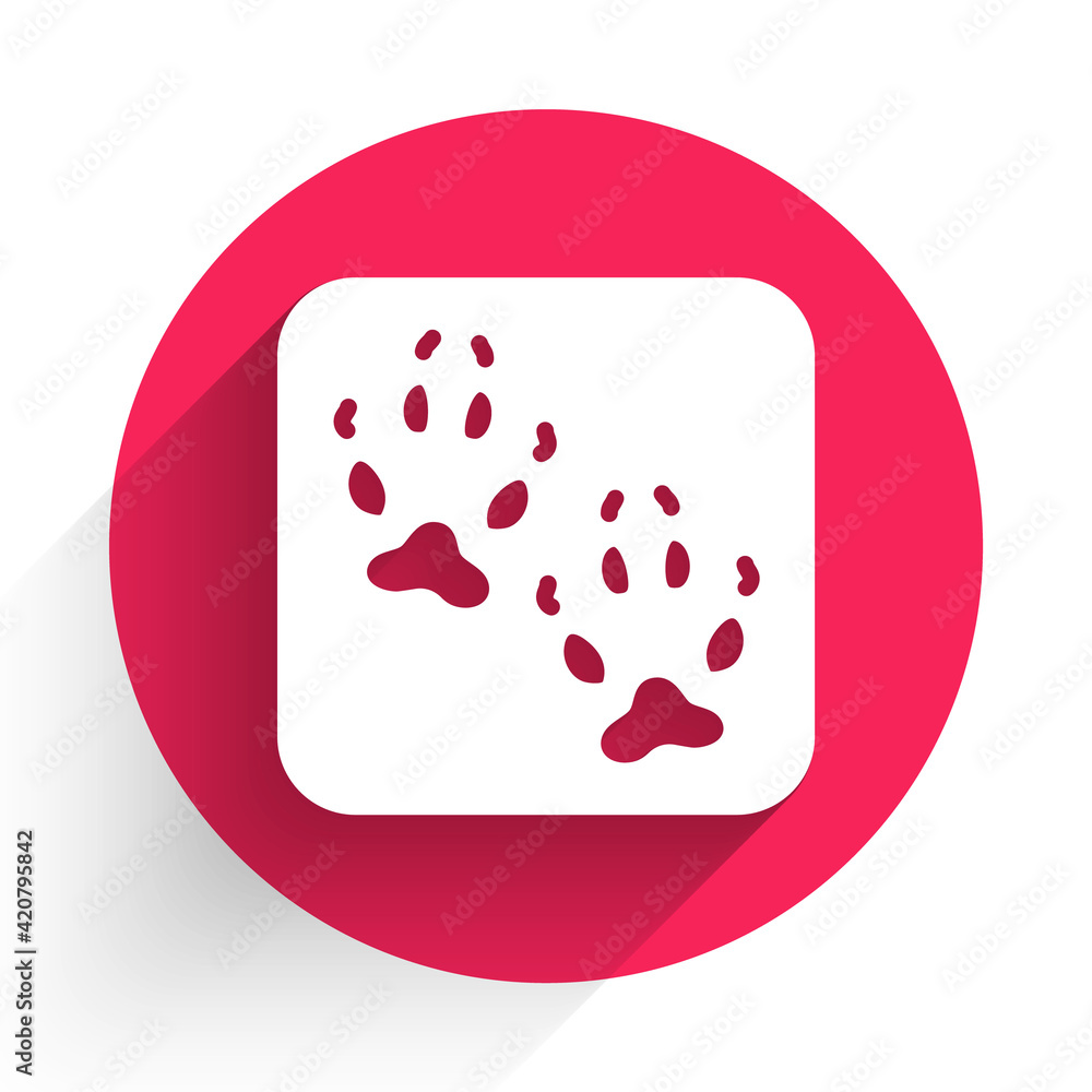 Poster white fox paw footprint icon isolated with long shadow. red circle button. vector