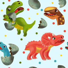 Seamless pattern with Funny Dinosaur and Pterodactyl for your design textile, wallpapers, fabric, posters. Funny dinosaurs hatching from an egg. Vector illustration.