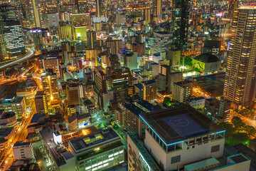 Osaka, Japan - April 28, 2017: aerial view of Osaka City Central Business downtown at night....