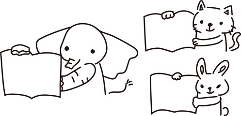 本を読み聞かせる動物達のイラストモノクロ