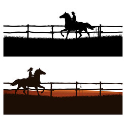 boy and girl wearing cowboy hats riding running horses behind wooden paddock fence - ranch kids vector silhouette set