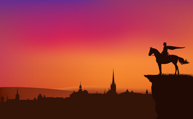 fairy tale king or prince riding horse on a cliff above medieval city - vector silhouette of fantasy or legend scene