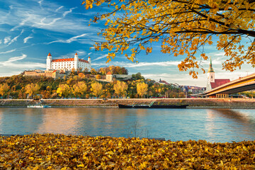 Bratislava castle,cathedral and parliament over Danube river in Brastislava city,Slovakia