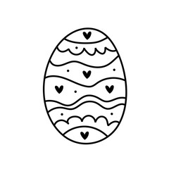 Easter egg with hearts and waves doodle line art design. Black monochrome icon element. Isolated on white background. Linocut.