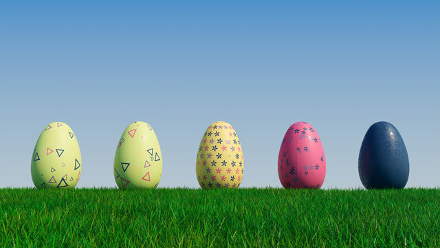 Easter Eggs on a grass lawn, with a clear blue sky. Beautiful Yellow, Navy and Pink Eggs with Floral and Triangle patterns. 3D Render