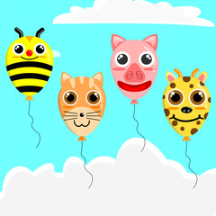 Illustration vector graphic cartoon character of patterned balloons of bee, cat, pig, and giraffe. Suitable for the design of children's balloon products