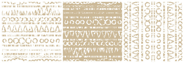 Obraz premium Set of Abstract tribal vector pastel beige white repeat seamless pattern with cut paper Aged effect. Illustration contains hexagons, triangles, rectangles, mathematics elements, shapes, geometry.