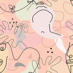 One line drawing. Abstract face seamless pattern.