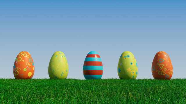 Easter Eggs on a grass lawn, with a clear blue sky. Beautiful Green, Orange and Blue Eggs with Triangle and Floral patterns. 3D Render