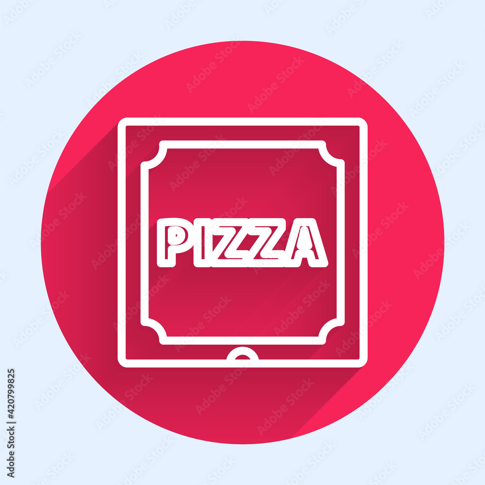 Poster white line pizza in cardboard box icon isolated with long shadow. box with layout elements. red circ