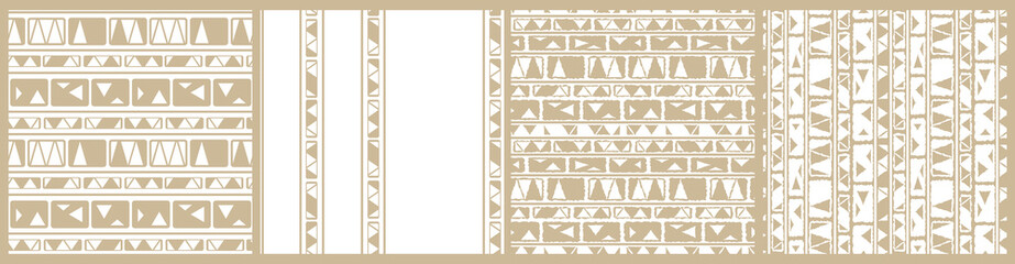 Set of vector pastel beige white monochrome abstract geometric seamless pattern. Tribal illustration contains lines rectangles like wall bricks, triangles, print stripes for textiles or wallpaper.