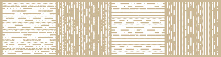 Set of White pastel beige monochrome abstract geometric graphic seamless border pattern. Illustration contains lines like worms, rhombus like stars. Horizontal and vertical stripes for print textiles.